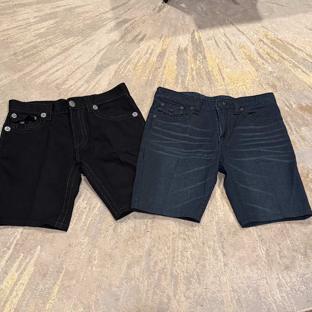 2 True Religion Denim shorts black and dark blue size 36 flap pockets EUC
